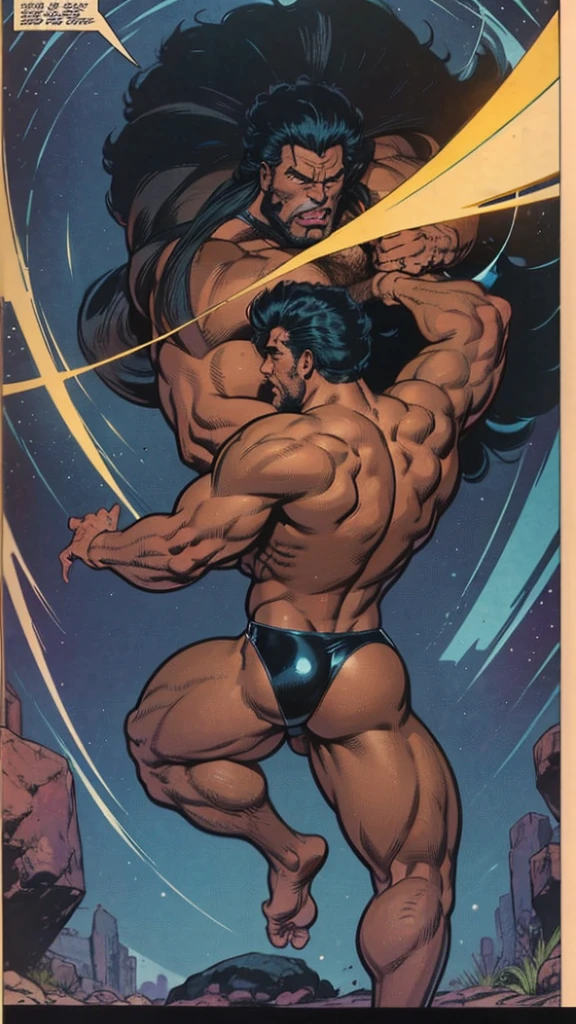 A fantasy gay sex world A black man with a hyper muscular body full black body a black man with a hairy, hypermuscular body with giant arms, muscular legs, full body, big breasts huge breasts huge asses bodybuilder only one man in the image a hairy man black body with hair manga story hero comic