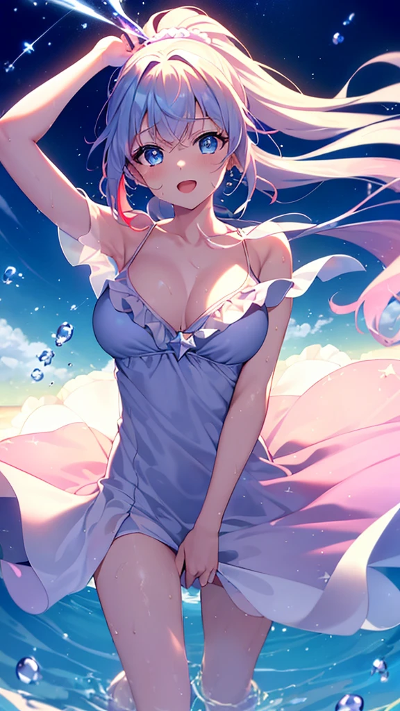 1lady, solo, the best、masterpiece, high quality, High precision,Highly detailed 8K , Uyuni salt lake、horizontal line、White Knight、Reflective water surface、In the wide sea, long blue hair, Lower ponytail ,white scrunchie, pink star head ornament, light blue frilled bikini, long sarong padd, cobalt blue Sarong pass, lighr blue eyes, (,Flushed skin)、Hair blowing in the wind、Shiny Hair、Glowing Skin、thick pink lips, beautiful spotlight, Full body portrait、(Image idol sculpture、A lovely idol pose),(Wide sky、infinity mirror、Beautiful sea), (Exposed breasts、Sweat runs down your chest)、(defenseless、Beautiful eyes illuminated by the light、Shiny Hair、Reflected Eyes、.(Look at the sky:1.3).(Red face:1) . (CG paintings with attention to detail),(Perfect image), Before menarche, Low Angle、Colorful sky、Contrail、shooting star、rainbow、Aurora、Solar flare, spray, bubble, tall stature, glamorous, singing, open mouth, soundwave from mouth, musical note,(big laugh:1.3)