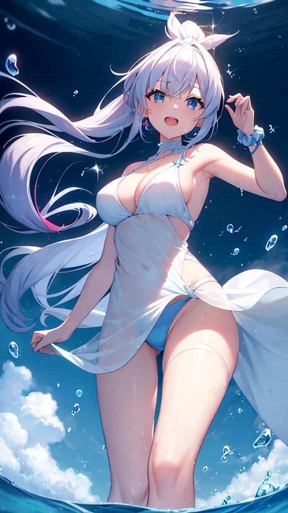 1lady, solo, the best、masterpiece, high quality, High precision,Highly detailed 8K , Uyuni salt lake、horizontal line、White Knight、Reflective water surface、In the wide sea, long blue hair, Lower ponytail ,white scrunchie, pink star head ornament, light blue frilled bikini, long sarong padd, cobalt blue Sarong pass, lighr blue eyes, (,Flushed skin)、Hair blowing in the wind、Shiny Hair、Glowing Skin、thick pink lips, beautiful spotlight, Full body portrait、(Image idol sculpture、A lovely idol pose),(Wide sky、infinity mirror、Beautiful sea), (Exposed breasts、Sweat runs down your chest)、(defenseless、Beautiful eyes illuminated by the light、Shiny Hair、Reflected Eyes、.(Look at the sky:1.3).(Red face:1) . (CG paintings with attention to detail),(Perfect image), Before menarche, Low Angle、Colorful sky、Contrail、shooting star、rainbow、Aurora、Solar flare, spray, bubble, tall stature, glamorous, singing, open mouth, soundwave from mouth, musical note,(big laugh:1.3)