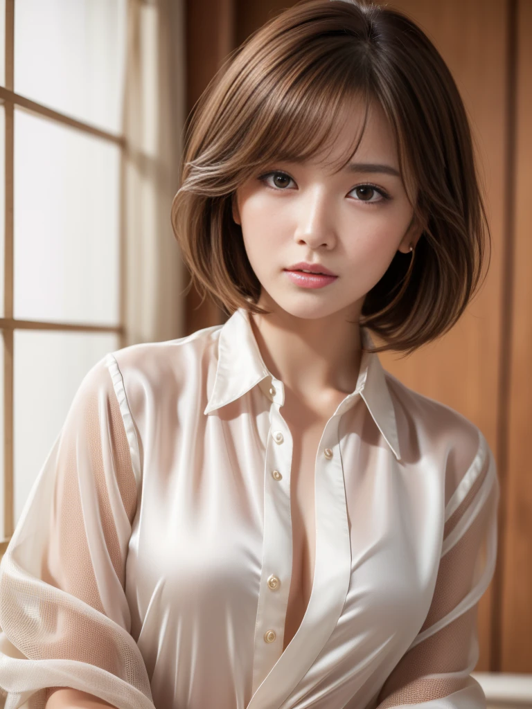 Ultra-high resolution, Superior Quality, Highest quality, Super detailed, Realistic, 8K, RAW Photos, Highest quality, masterpiece, Attractive young girl, Angelic Girl, Brown Hair, short hair, Mesh Hair, Glossy Lips, Natural Makeup, Japanese Idols, Sophisticated, stylish, Model pose, satin silk white shirt, 