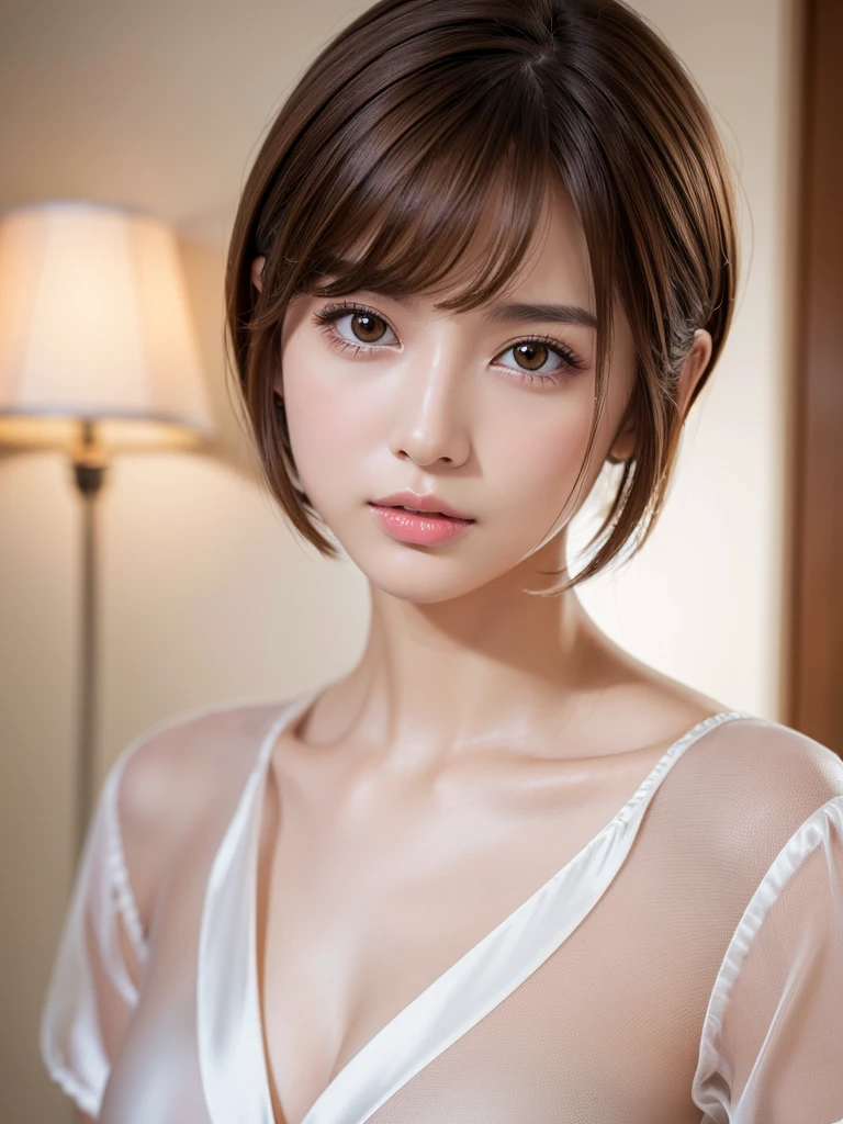 Ultra-high resolution, Superior Quality, Highest quality, Super detailed, Realistic, 8K, RAW Photos, Highest quality, masterpiece, Attractive young girl, Angelic Girl, Brown Hair, short hair, Mesh Hair, Glossy Lips, Natural Makeup, Japanese Idols, Sophisticated, stylish, Model pose, satin silk white shirt,