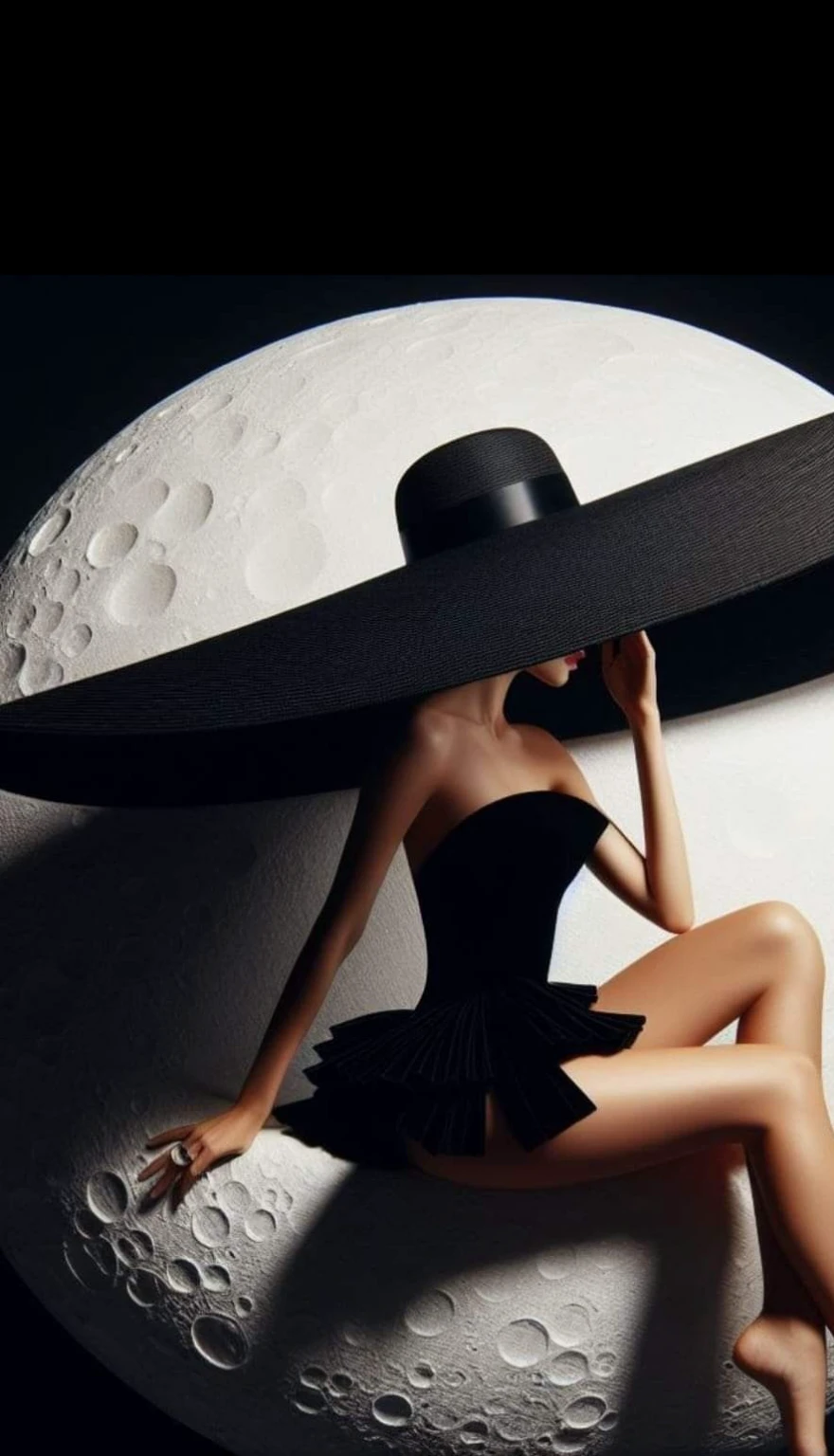 araffe woman sitting on a moon with a hat on her head, wearing black dress and hat, fine art fashion photography, sitting on a moon, high fashion photography, karol bak uhd, fashion photography, photography alexey gurylev, mysterious glamour, inspired by Ray Caesar, inspired by Hedi Xandt, wearing black old dress and hat