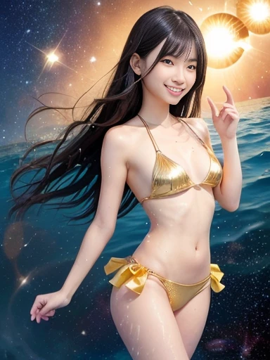 Japanese female, a lot of details, (underweight), 30 years old, detailed black hair, beautiful detailed hair, super fucking beautiful, delicate beautiful face, complex details beautiful and delicate eyes, perfect hands, (flat chest best quality:1.5), perfect and delicate limbs, detailed skin, best quality, ultra-detailed,(cheerful grin:1.5),
the universe, (floating), (swimming:1.3), curly hair, (gold bikini:1.2), in the space, with a sun, with a galaxy, full body shot, side view