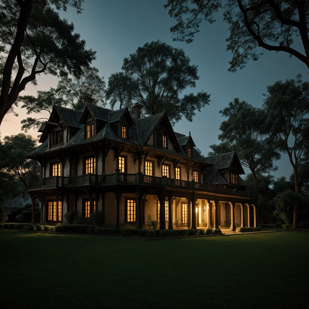 A haunted village mansion in dark night, two storied, Indian, surrounding by trees herbs shurbs