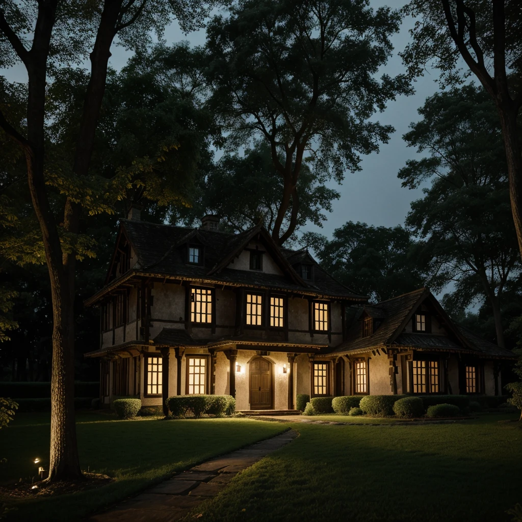 A haunted village mansion in dark night, two storied, Indian, surrounding by trees herbs shurbs