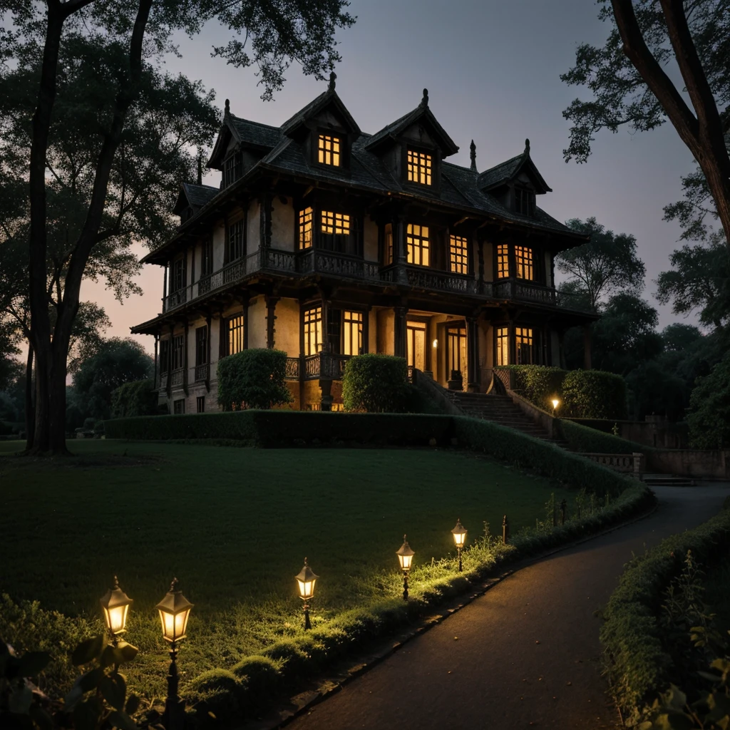 A haunted village mansion in dark night, two storied, Indian, surrounding by trees herbs shurbs