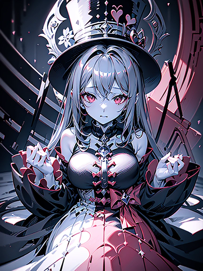 a close up of a person with a hat and a top hat, kawacy, anime cover, gothic harts, shadowverse style, from arknights, high detailed official artwork, black and white with red hearts, harley queen, nightcore, monochrome and red color bleed, light novel cover art, artbook artwork, artwork in the style of guweiz