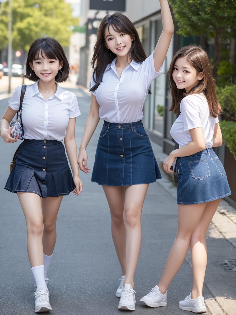 Highest quality、masterpiece、8K、Very detailed、Realistic、(Young face:1.2)、(Looks like an :1.2)、3 people、Looking at me with a smile、whole body、(Big Breasts)、Thin and beautiful legs、Tight and slim waist、Tight shirt、mini skirt、Short Hair、Erect nipples