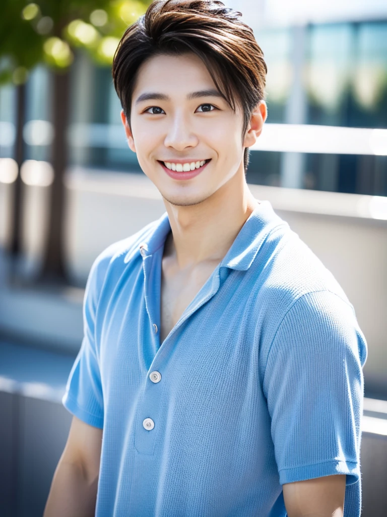 high resolution,４K,Charm、Realistic、Clean and refreshing、Japanese、Vibrant urban background,The charming smile of a cool man in his 20s。Define your face from the shoulders up。With confidence and flexibility、It has an eye-catching appeal。