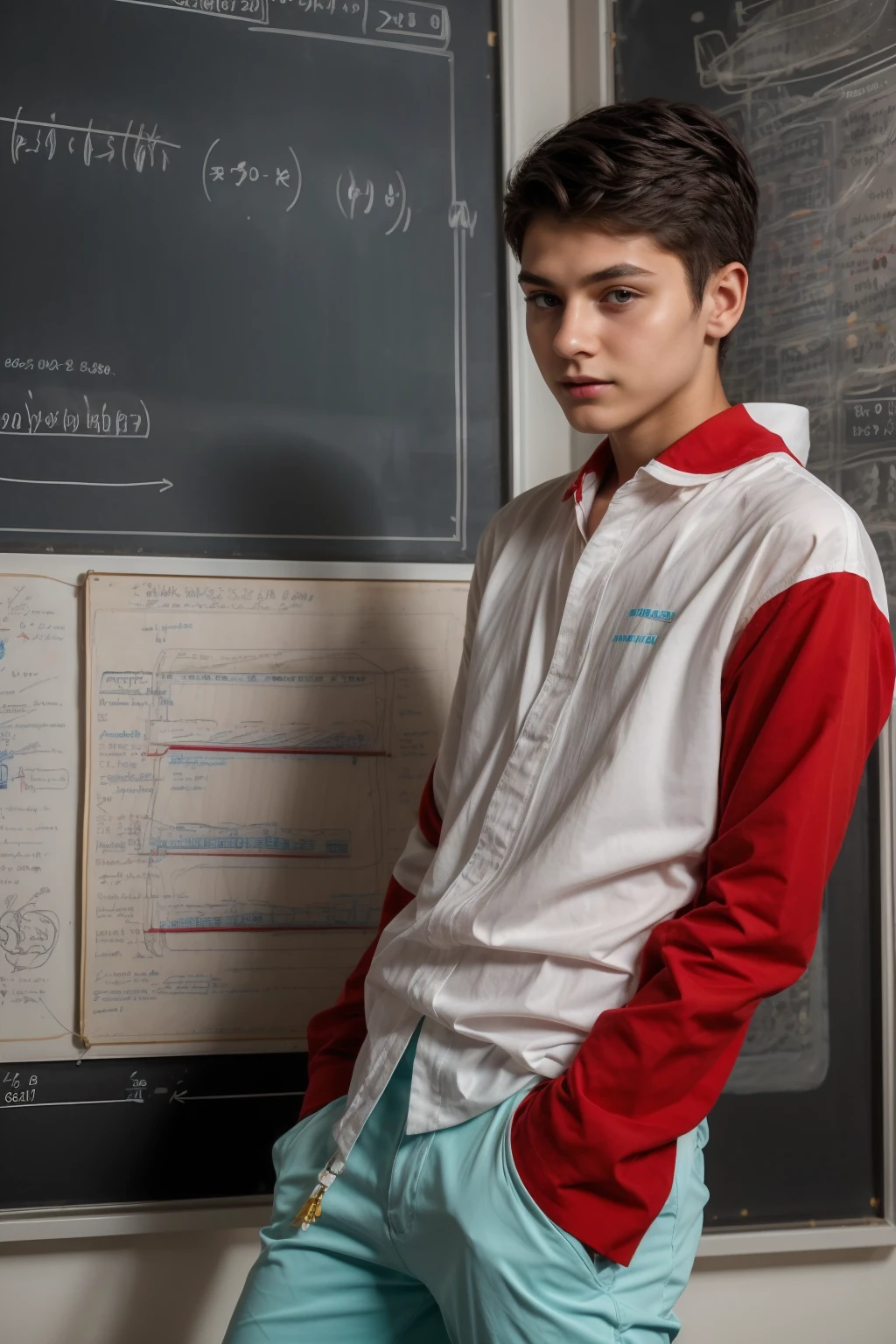 Beautiful young twink with a face with red makeup.    He has black hair.    He is wearing a white long-sleeved shirt and aqua blue pants.    He is in his scientific office, and behind him is a blackboard on which the shape of the brain and its anatomy are written in precision and detail.  He looks proudly