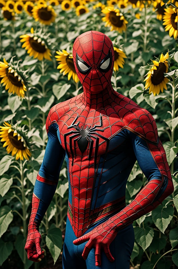 Spiderman surrounded by sunflowers 