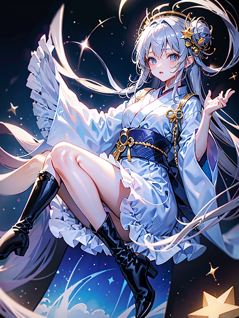 One girl、Highest quality、8K、Handsome face、vtuber-fullbody、見る人に向かってまっすぐにfrontを向いた絵、starの妖精、全身front立ち絵、front、Highest quality、masterpiece、Official Art、Super detailed、Super beautiful、かわいいstarの妖精、Gray hair straight long、milky way、universe、starの魅力、star、Baby Face、Knee-high boots、Japanese pattern dress、A beautiful girl wearing a black and white outfit made from a remade yukata、milky wayやuniverse柄のフリルワンピース、Vtuber model