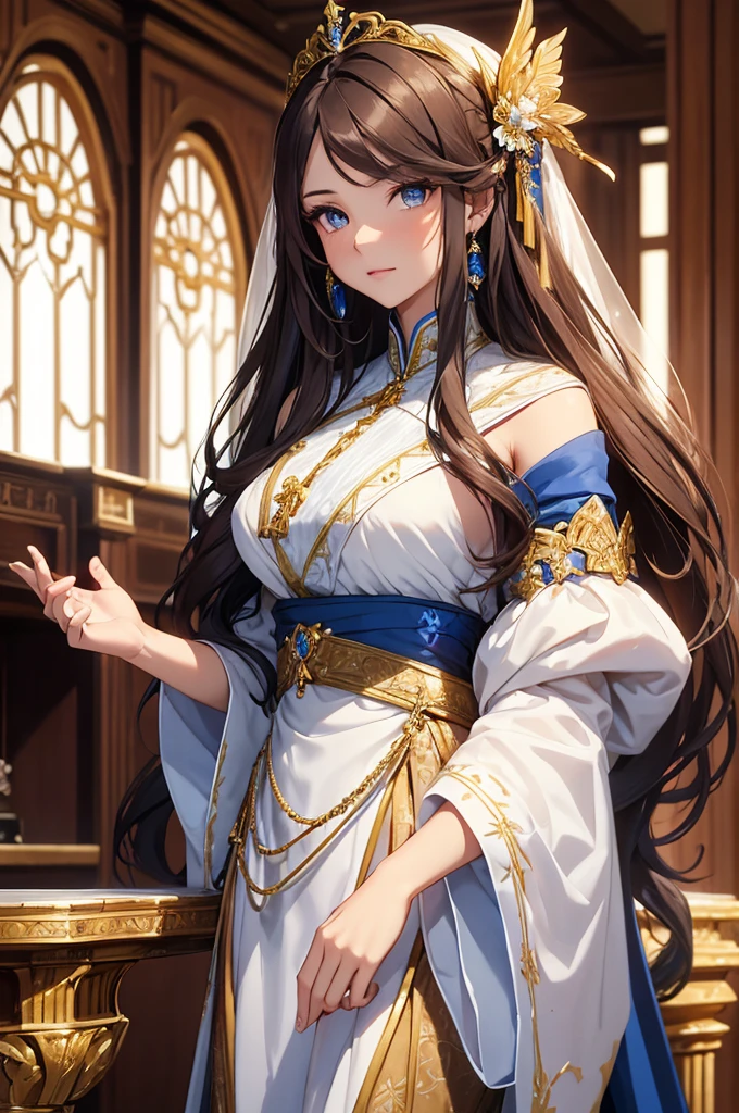 fancy, 19th-century, PRİNCESS, Woman, 精致的面容, long light brown hair, blue colored eyes, in a white royal dress with open shoulders, gold patterns on fabric, crystal jewelry, with a scarlet ribbon on the shoulder in the monarch&#39;s regalia, Gothic castle made of white stone in the background, Lumiere, giorno, High definition