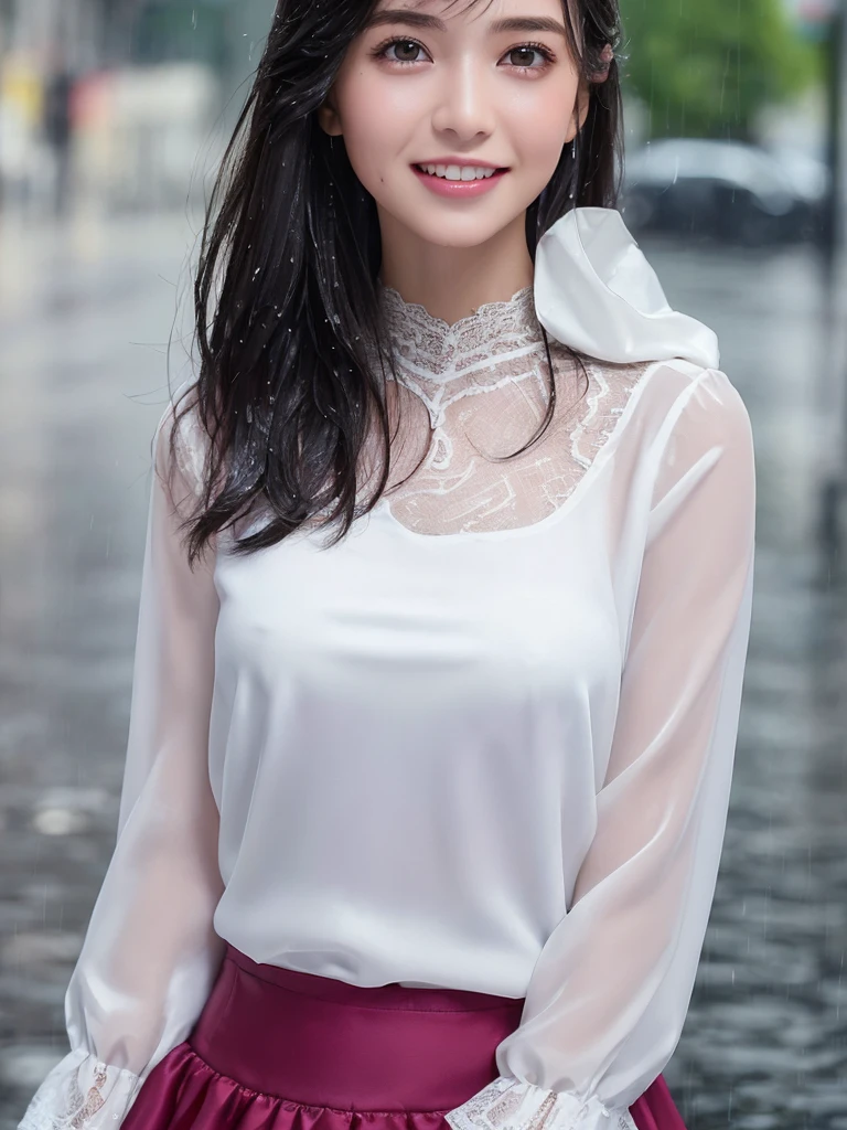 ((best quality, 8K, masterpiece: 1.3)),upper body,Black Hair, black eye,sharp focus: 1.2, beautiful woman with a perfect body: 1.4, ((Medium Hair, large: 1.2)), (small and beautiful hard (White long sleeve blouse with lace、Silk Tight darkmagenta long skirt), (wet from rain: 1.2), (rain, street: 1.2), wet body: 1.1, Highly detailed face and skin texture, detailed eyes, double eyelids, White skin,,E cup,smile,Financial district of the big city,Skyscraper,White skin,Wet Hair、Wet Skin、Wet clothes、smile、