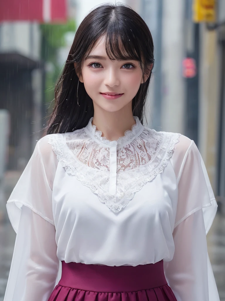 ((best quality, 8K, masterpiece: 1.3)),upper body,Black Hair, black eye,sharp focus: 1.2, beautiful woman with a perfect body: 1.4, ((Medium Hair, large: 1.2)), (small and beautiful hard (White long sleeve blouse with lace、Silk Tight darkmagenta long skirt), (wet from rain: 1.2), (rain, street: 1.2), wet body: 1.1, Highly detailed face and skin texture, detailed eyes, double eyelids, White skin,,E cup,smile,Financial district of the big city,Skyscraper,White skin,Wet Hair、Wet Skin、Wet clothes、smile、