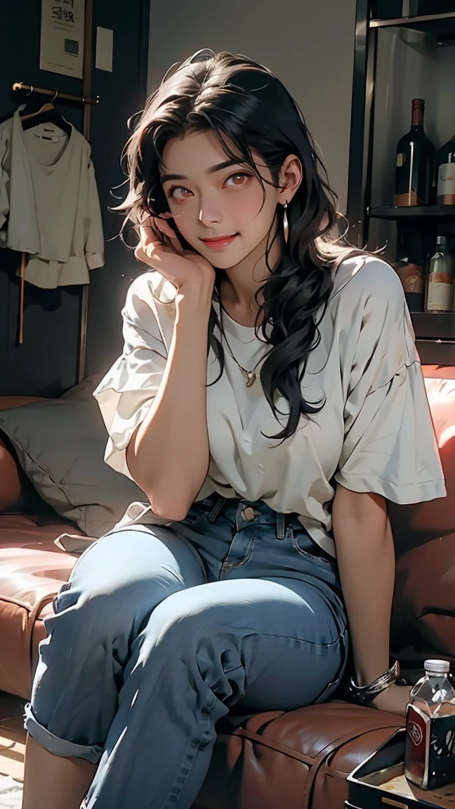 a 50 year old woman, highest quality, 8K, high resolution image, anime style, dark blue long hair, glassy eyes, red cheeks, she is wearing a simple shirt and jeans, she is sitting on the sofa with a fake in her hand, she is very drunk looks confused. Sofa stands in a very messy room between bottles and empty packaging, room is flooded with light from TV
