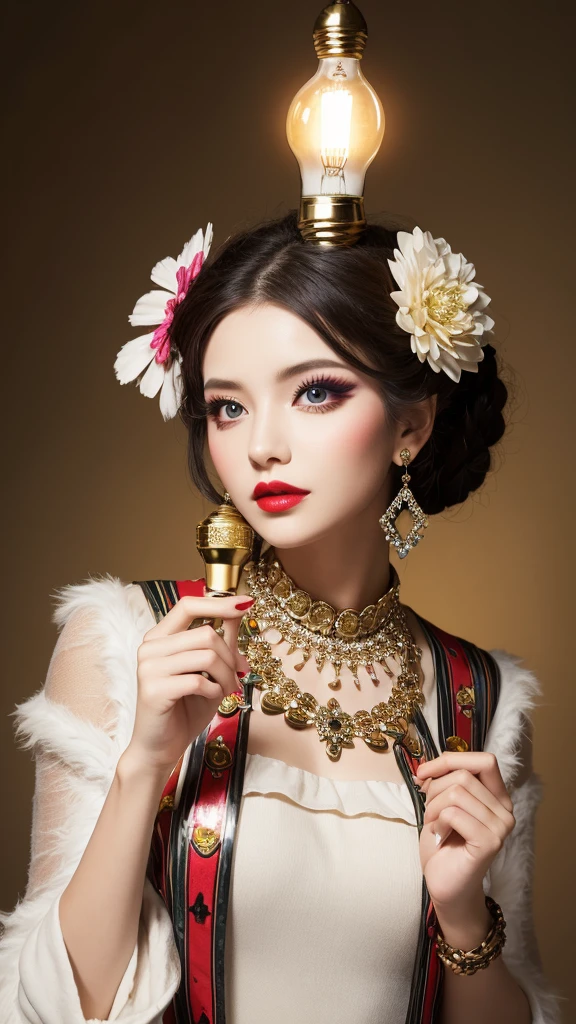 A design of a woman in eccentric fashion and makeup holding a light bulb over her head。The light bulb emits a brilliant light。