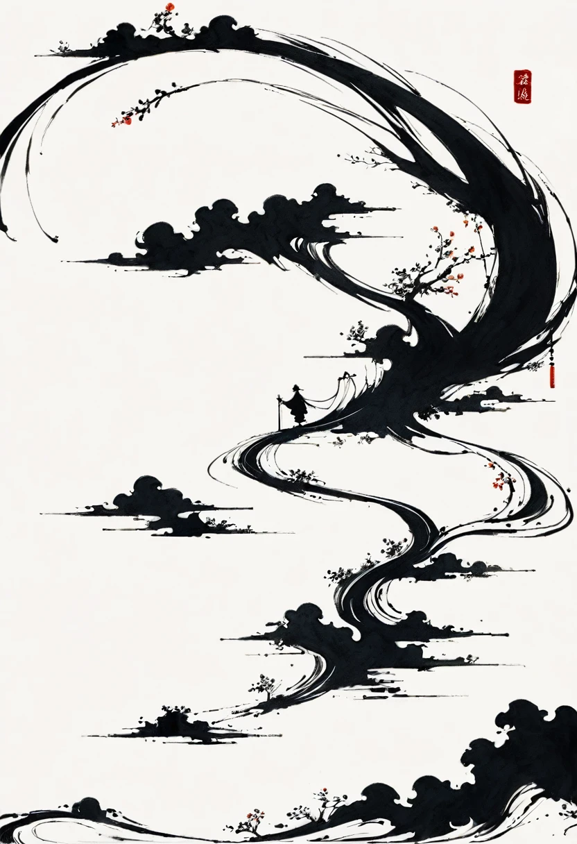 中国Ink Painting, Cyan and White, Minimum, Wire, White background,The Trail, Minimalism, Wire性风格, Huge negative space, Ink Painting, Abstract