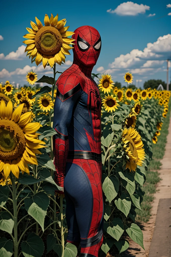 Spiderman surrounded by sunflowers 