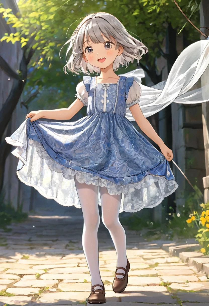 10 year old girl underwear, Kind Face, Long bloomers made of patterned cotton fabric, Medieval one-piece dress with panniers, Low - Angle, Pull up the dress by hand, Strong winds, Translucent slip, Translucent slip, tights, Highest quality, Crotch close-up, whole body