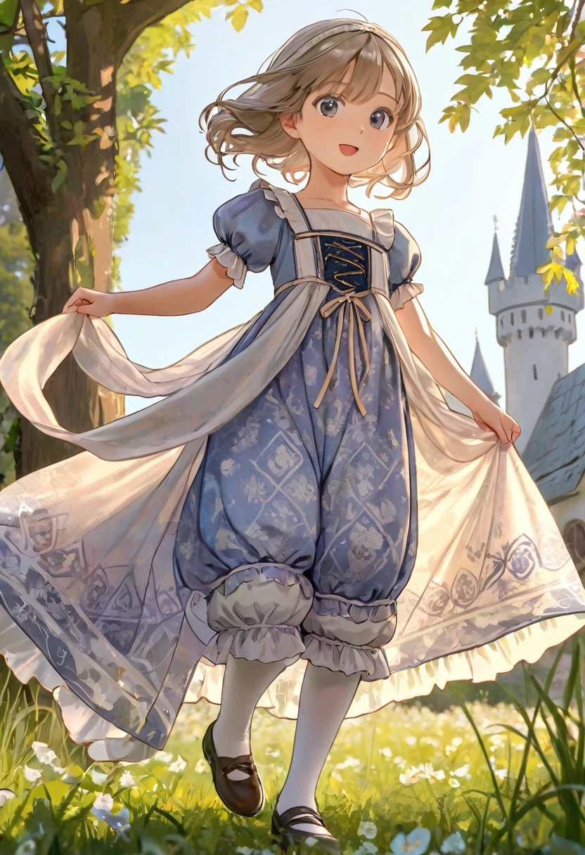 10 year old girl underwear, Kind Face, Long bloomers made of patterned cotton fabric, Medieval one-piece dress with panniers, Low - Angle, Pull up the dress by hand,  Strong winds, Translucent slip, Translucent slip, tights, Highest quality, Crotch close-up, whole body
