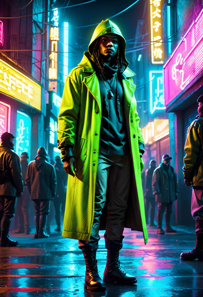 A medium quality digital illustration of a [Chartreuse vagabond] named "Safe From Harm" finding themselves [out of luck] in a scene reminiscent of "Battle Without Honor Or Humanity". Urban setting, cyberpunk aesthetics, dynamic composition, dramatic lighting, futuristic style, detailed character design, intense atmosphere, neon lights, medium close-up.