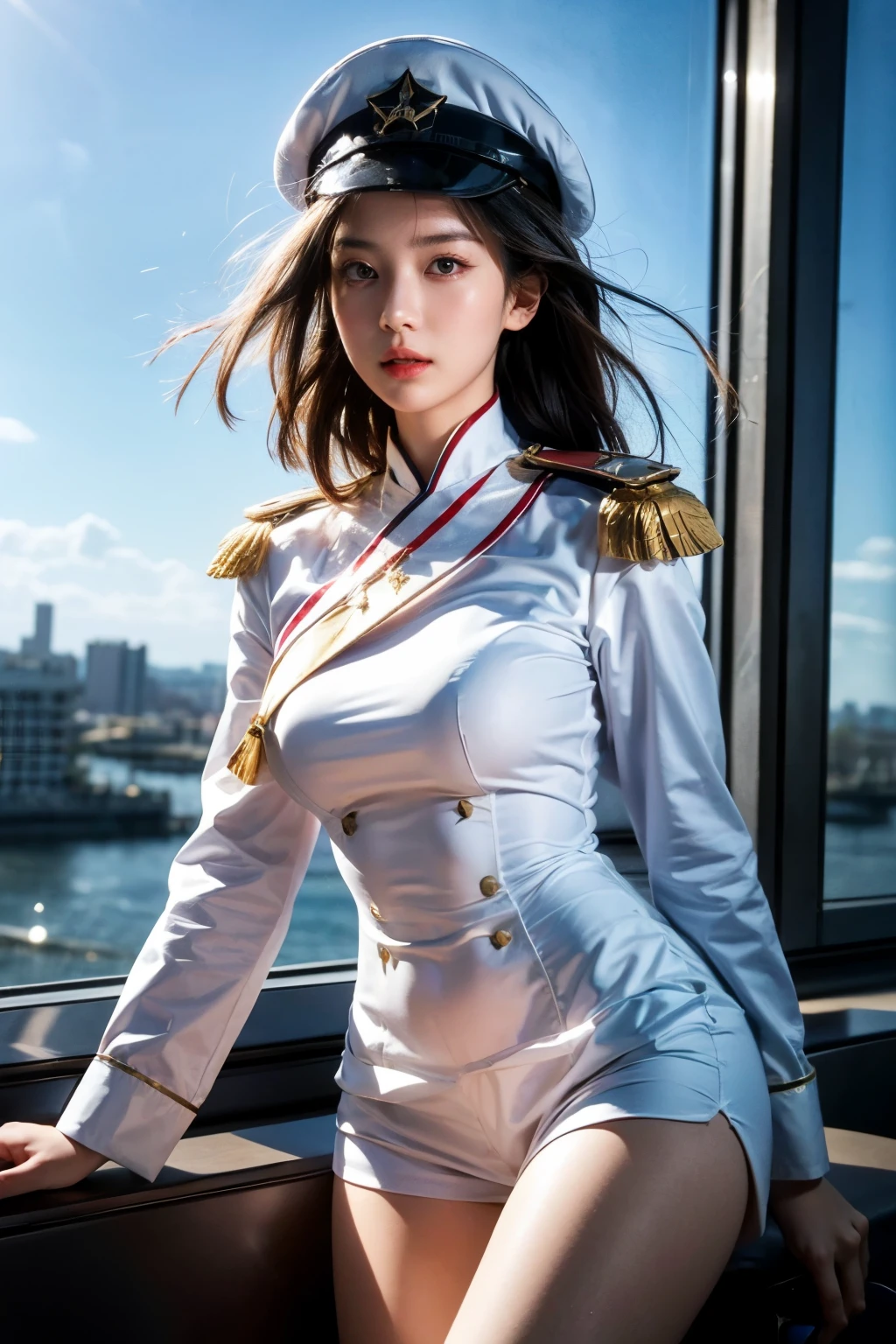 (8k, 4k, best quality, highres, ultra high res:1.1), (masterpiece, realistic, photo-realistic:1.1), 1girl, a young woman, an Asian woman, an elite female captain who is dignified and exudes an aura of leadership, black straight hair, wearing a white military uniform with gold and blue accents, white shorts, wearing a dashing captain's hat, sharp gaze, (looking at viewers) 