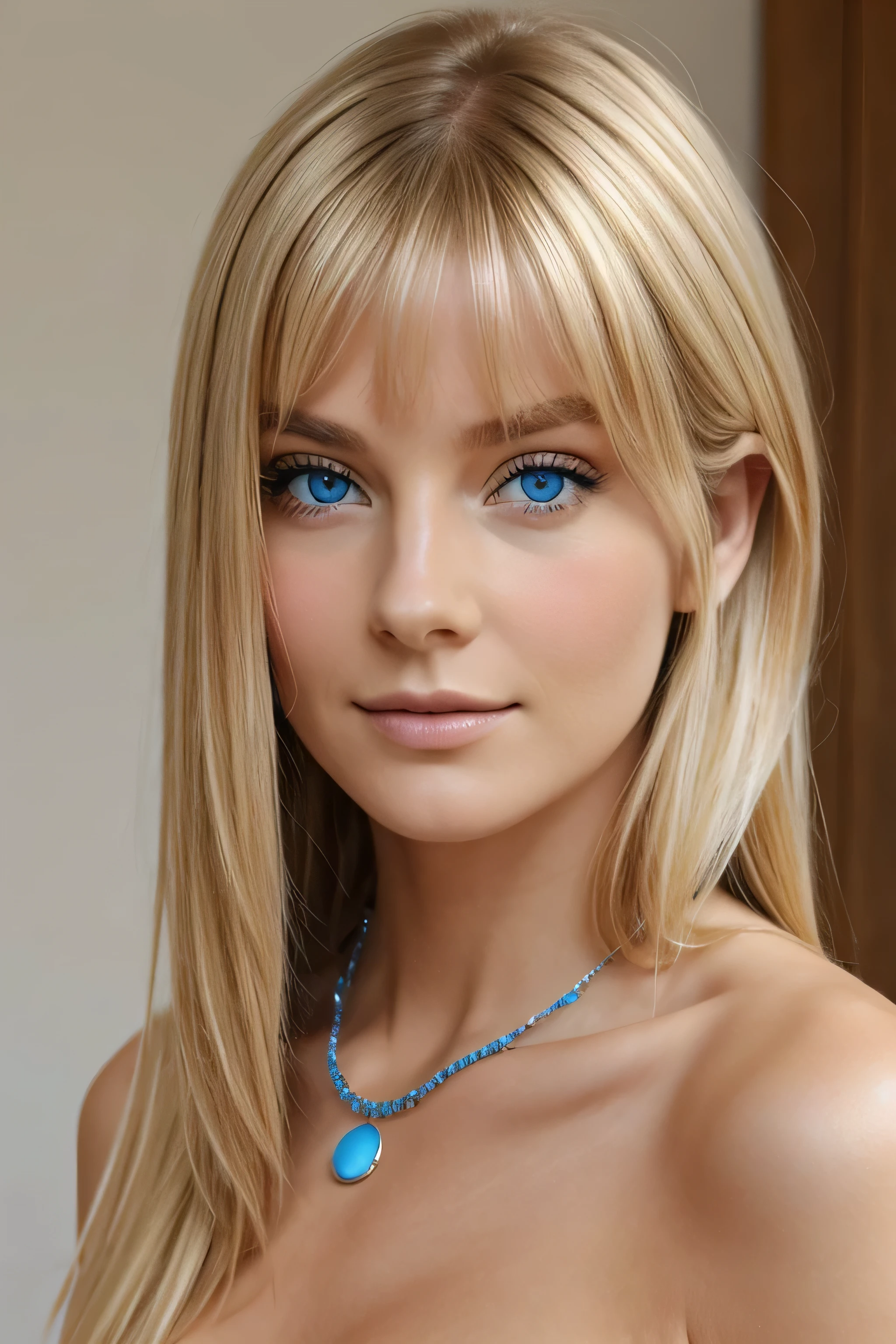 Visage blonde yeux bleue, regarder le spectateur, réaliste, 30 ans, épaules nue, bijoux, tout le corps, hors des épaules, un collier