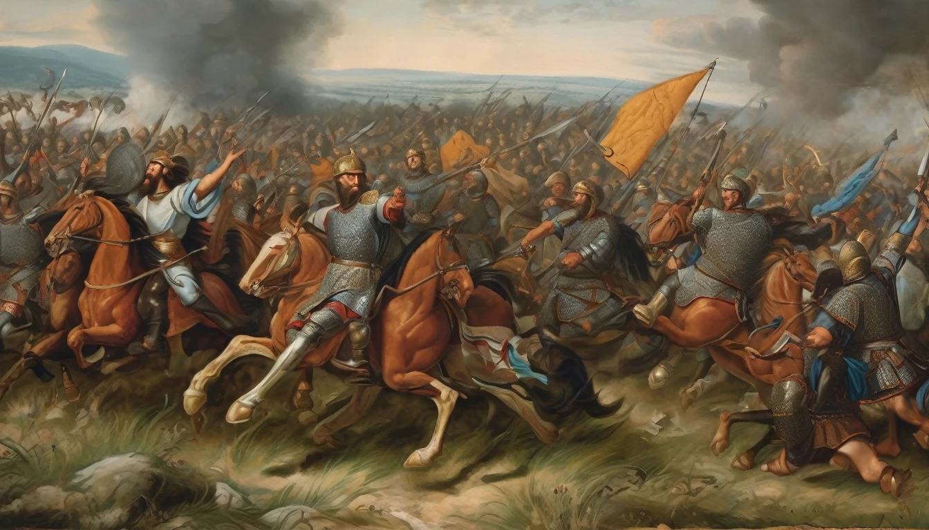 Oil painting, 9th century, European battlefield, fleeing army