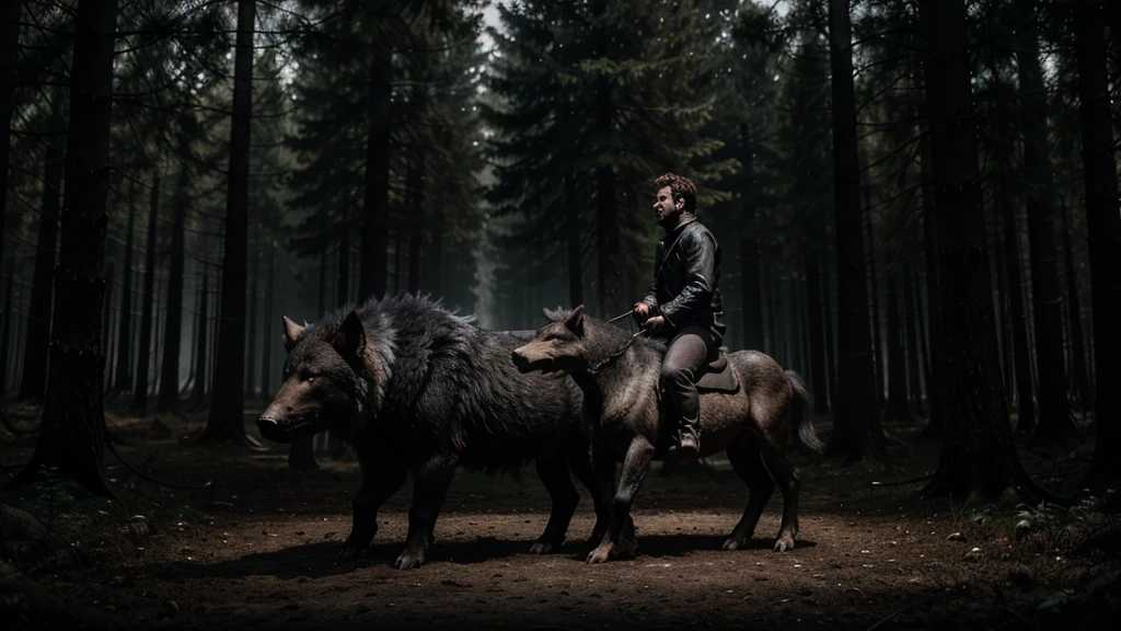 In the midst of a dark, misty forest, a creature with the body of a wolf and the face of a man rides astride wild boar. The creature's fur is a mix of black and gray, blending into the shadows around it. It holds a staff in its right han