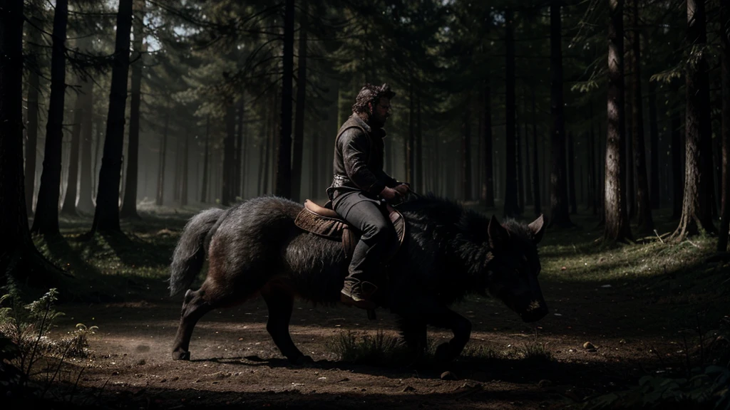 In the midst of a dark, misty forest, a creature with the body of a wolf and the face of a man rides astride wild boar. The creature's fur is a mix of black and gray, blending into the shadows around it. It holds a staff in its right han