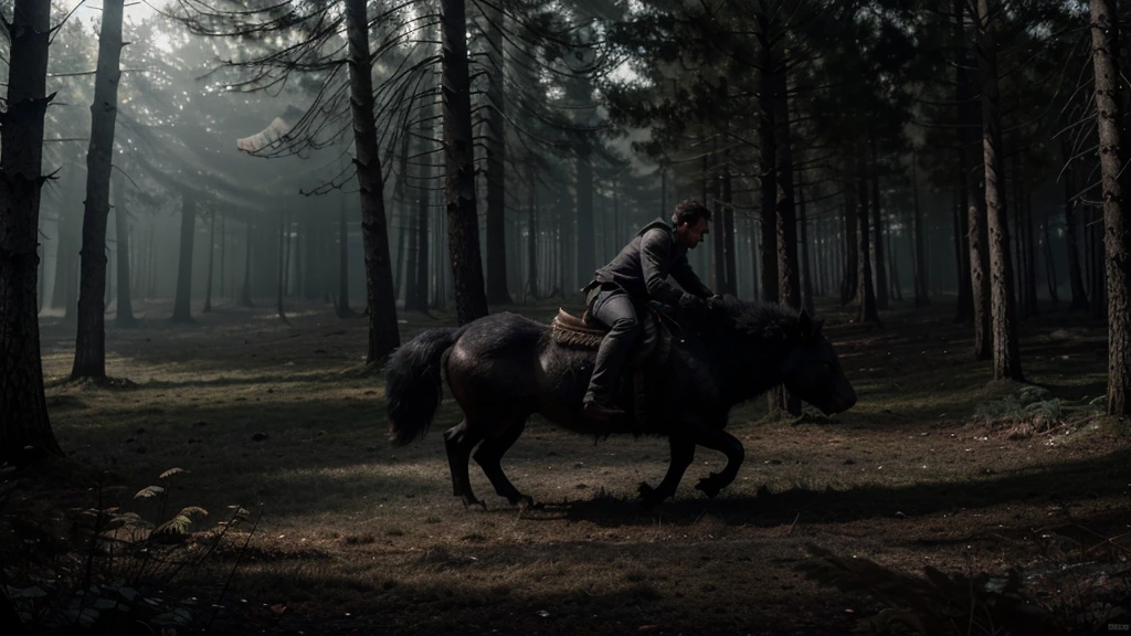 In the midst of a dark, misty forest, a creature with the body of a wolf and the face of a man rides astride wild boar. The creature's fur is a mix of black and gray, blending into the shadows around it. It holds a staff in its right han