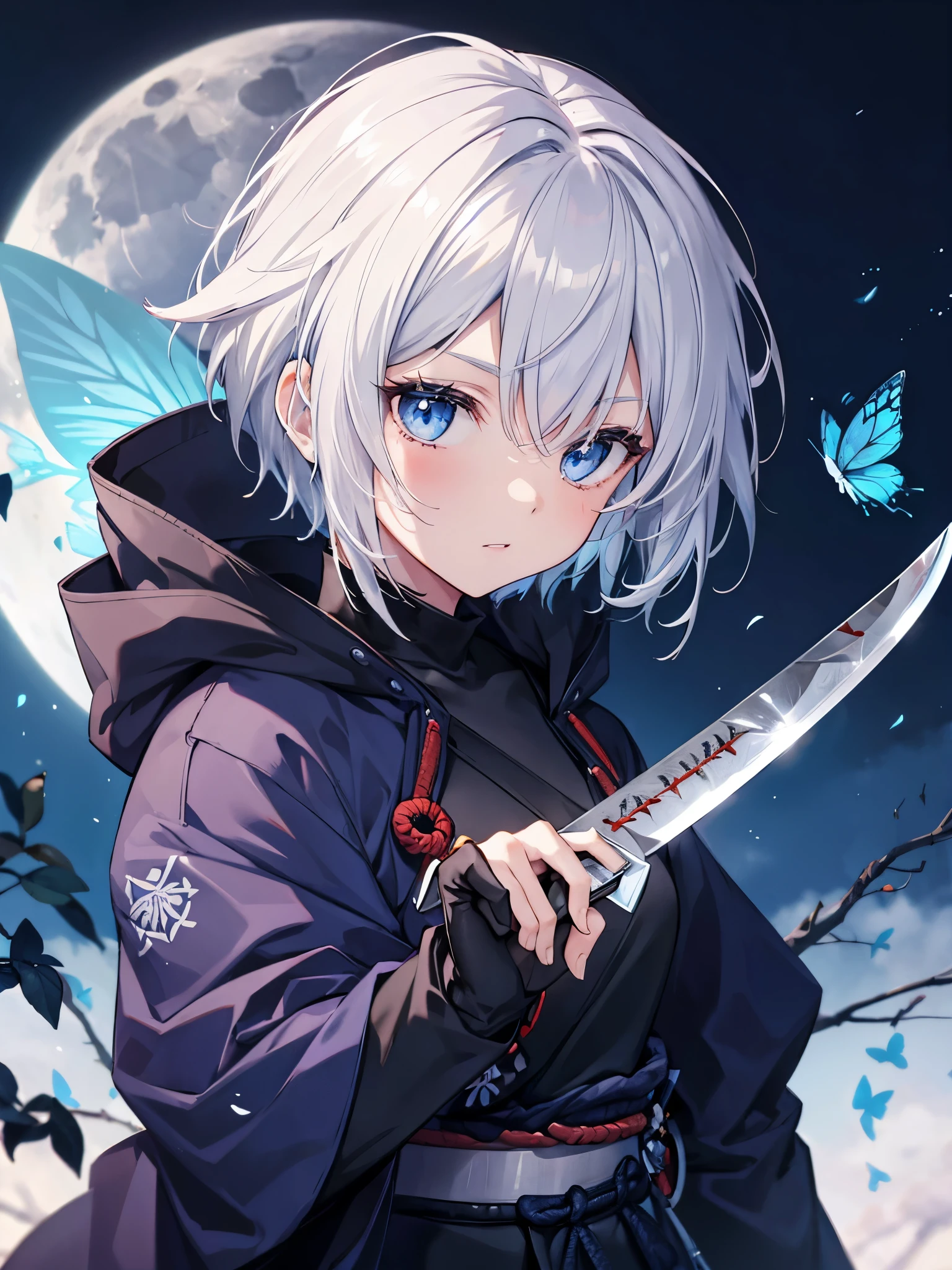 ((((samurai　inflammation　knife))))　(((Gray Hair　short hair　blue eyes　woman　Center close-up)))，((night　full moon　Blue butterfly))，(Wearing a hood　Black camisole　knifeを構える)，　Showing teeth　Shining Background　Shining Edges