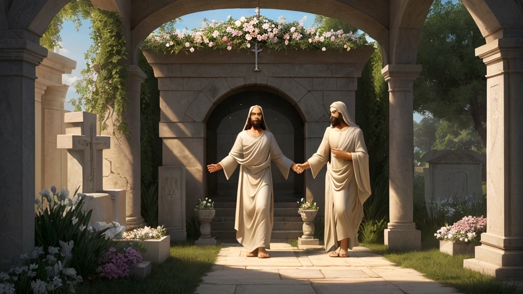 "Description: Illustrate a serene and heavenly scene where believers are seen emerging from symbolic tombs, walking towards a radiant figure of Christ who stands with open arms in a lush, divine garden. This represents the promise of living with Christ after death.
Details: Use beams of light and ethereal effects to signify the transition from death to eternal life. Incorporate elements like open tombs, a welcoming Christ, and a backdrop of heavenly flora. This visual should emphasize the promise of resurrection and eternal life with Christ."