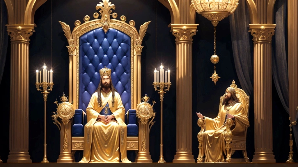"Description: Create an image of believers seated alongside Christ on majestic thrones in a celestial palace, symbolizing their role of authority and responsibility. The setting should be regal, filled with divine light, signifying their reign with Christ.
Details: Utilize royal colors such as gold and deep blue, with thrones surrounded by light and divine symbols like crowns and scepters. The background should depict a peaceful, heavenly realm, highlighting the promise of enduring and reigning with Christ."