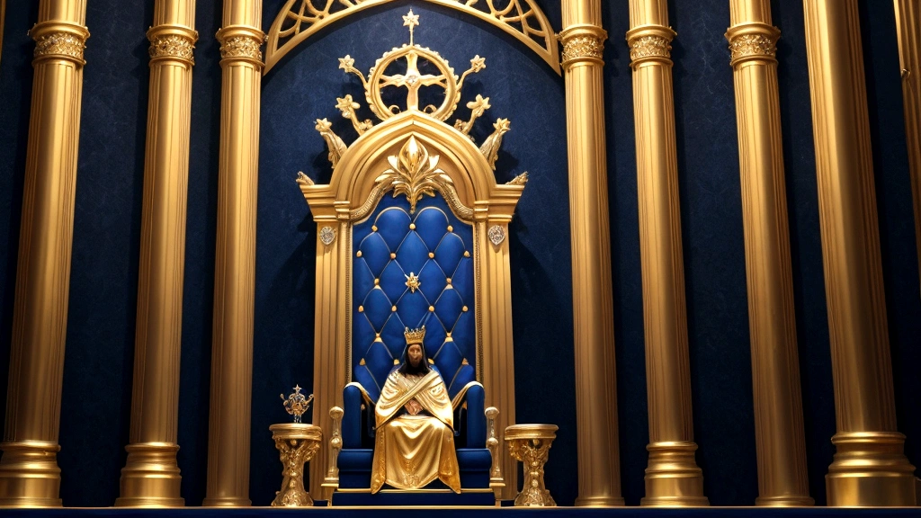 "Description: Create an image of believers seated alongside Christ on majestic thrones in a celestial palace, symbolizing their role of authority and responsibility. The setting should be regal, filled with divine light, signifying their reign with Christ.
Details: Utilize royal colors such as gold and deep blue, with thrones surrounded by light and divine symbols like crowns and scepters. The background should depict a peaceful, heavenly realm, highlighting the promise of enduring and reigning with Christ."