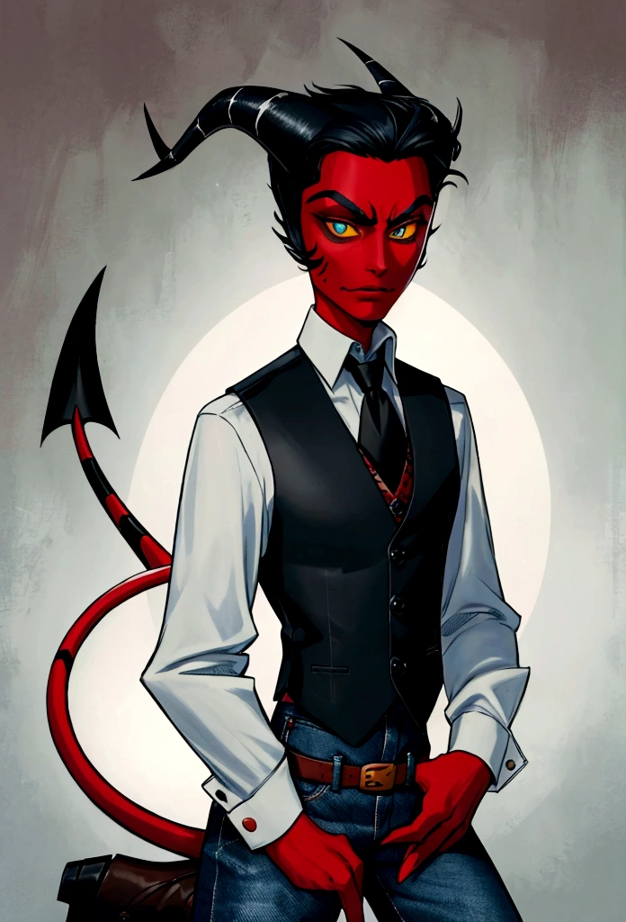 (masterpiece), best quality, expressive eyes, perfect face ,male focus, 1boy, solo, Red skin, black hair, tail, tall, imp, horns, blue eyes, cowboy boots, jeans, collars shirt, waistcoat, black sclera, helluva boss, Vivziepop style,
