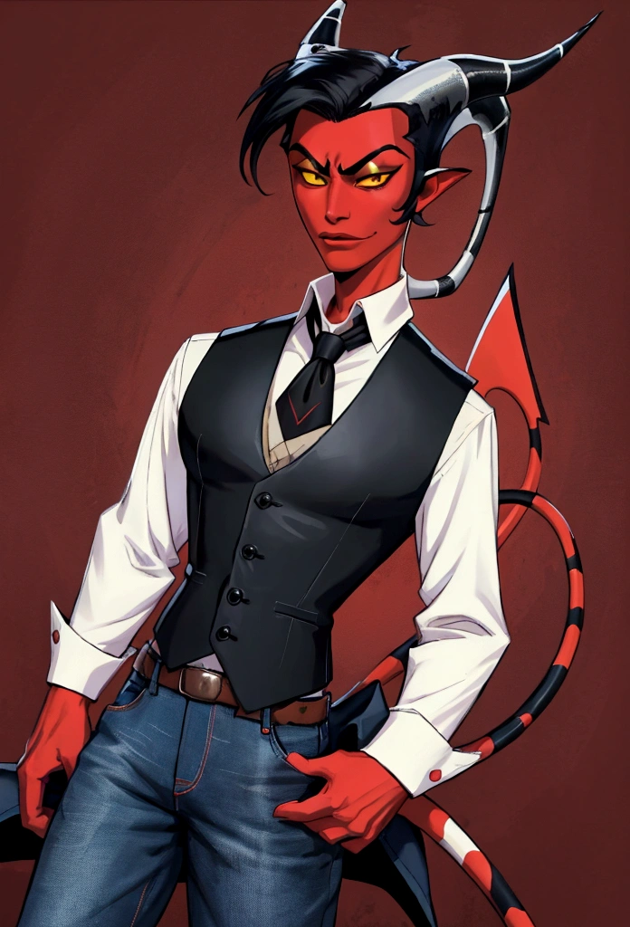 (masterpiece), best quality, expressive eyes, perfect face ,male focus, 1boy, solo, Red skin, black hair, tail, tall, imp, horns, blue eyes, cowboy boots, jeans, collars shirt, waistcoat, black sclera, helluva boss, Vivziepop style,
