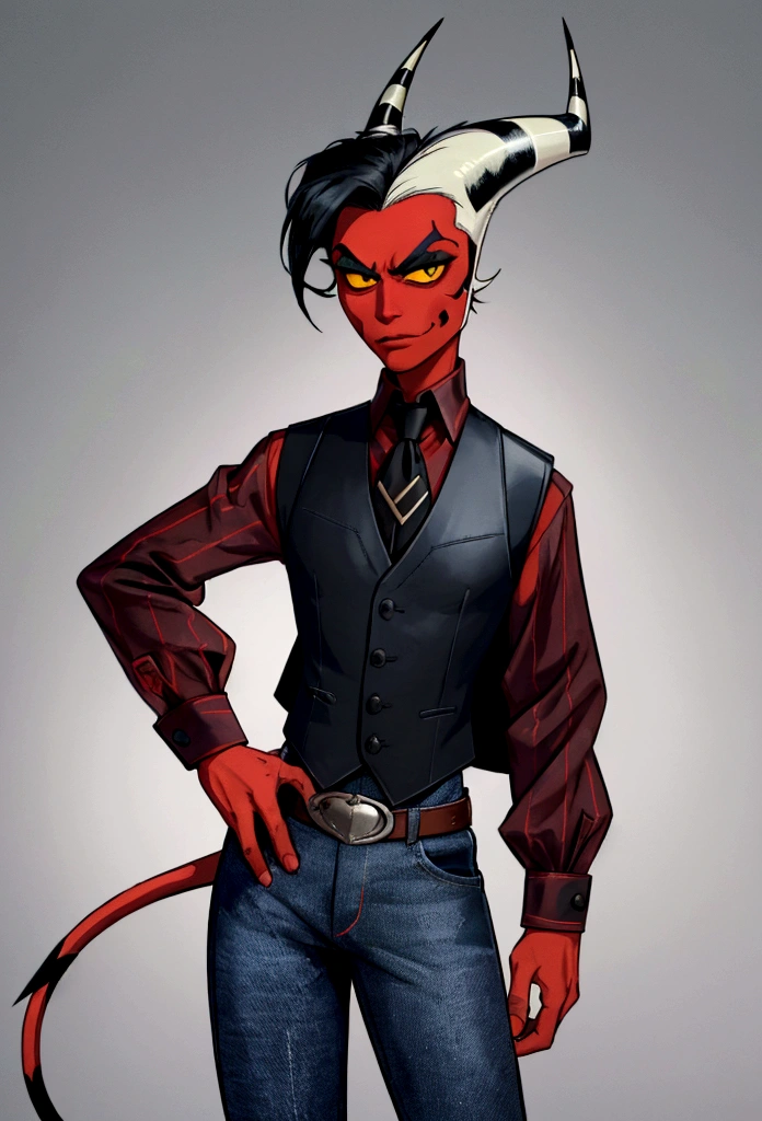 (masterpiece), best quality, expressive eyes, perfect face ,male focus, 1boy, solo, Red skin, black hair, tail, tall, imp, horns, blue eyes, cowboy boots, jeans, collars shirt, waistcoat, black sclera, helluva boss, Vivziepop style,
