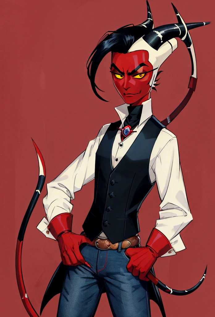 (masterpiece), best quality, expressive eyes, perfect face ,male focus, 1boy, solo, Red skin, black hair, tail, tall, imp, horns, blue eyes, cowboy boots, jeans, collars shirt, waistcoat, black sclera, helluva boss, Vivziepop style,
