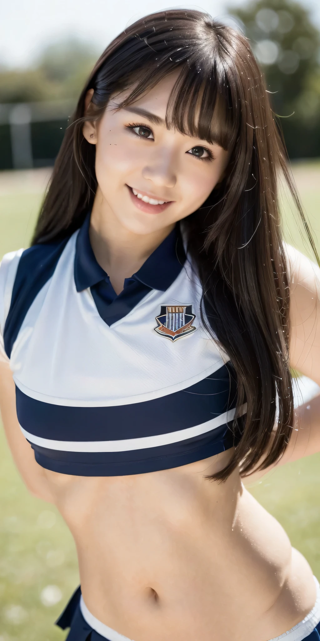 cheerleader,little smile,cheer leading,cheerleader uniform, (((masterpiece))), (((best quality))), ((ultra-detailed)), (illustration), ((an extremely delicate and beautiful)),(bokeh,blurry background),(best shadow), 1girl,white panties, black hair, long hair, kawaii,cute,, shine Highlight Spot on eyes, character focus,head tilt,