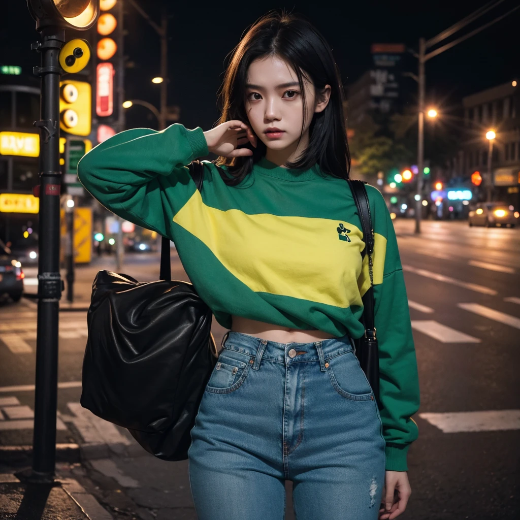 1girl wearing acid tone shirt and jeans, traffic light, cross road, extremely detailed face and eyes, detailed clothing, dynamic pose, dramatic lighting, moody atmosphere, vivid colors, realistic, photorealistic, 8k, best quality, masterpiece