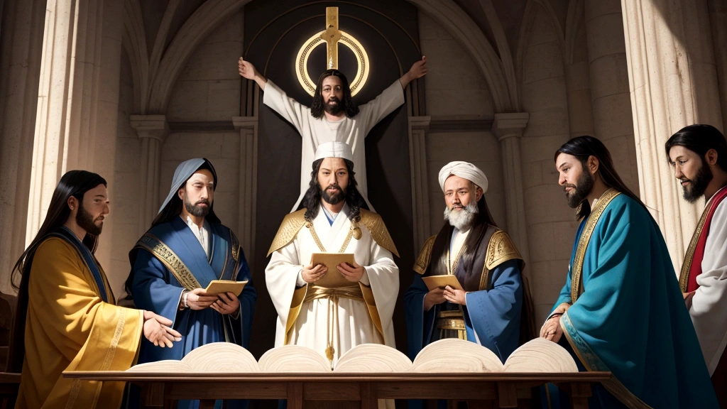 "Description: Depict a scene where believers are shown participating in a celestial council with Christ, making decisions and overseeing heavenly governance. This represents their role of authority and responsibility in the new creation.
Details: Use bright, celestial colors and a sense of divine order and harmony. Include elements such as a council table, heavenly scrolls, and symbols of justice and leadership. The visual should convey the significance of believers' roles in the new creation under Christ’s reign."