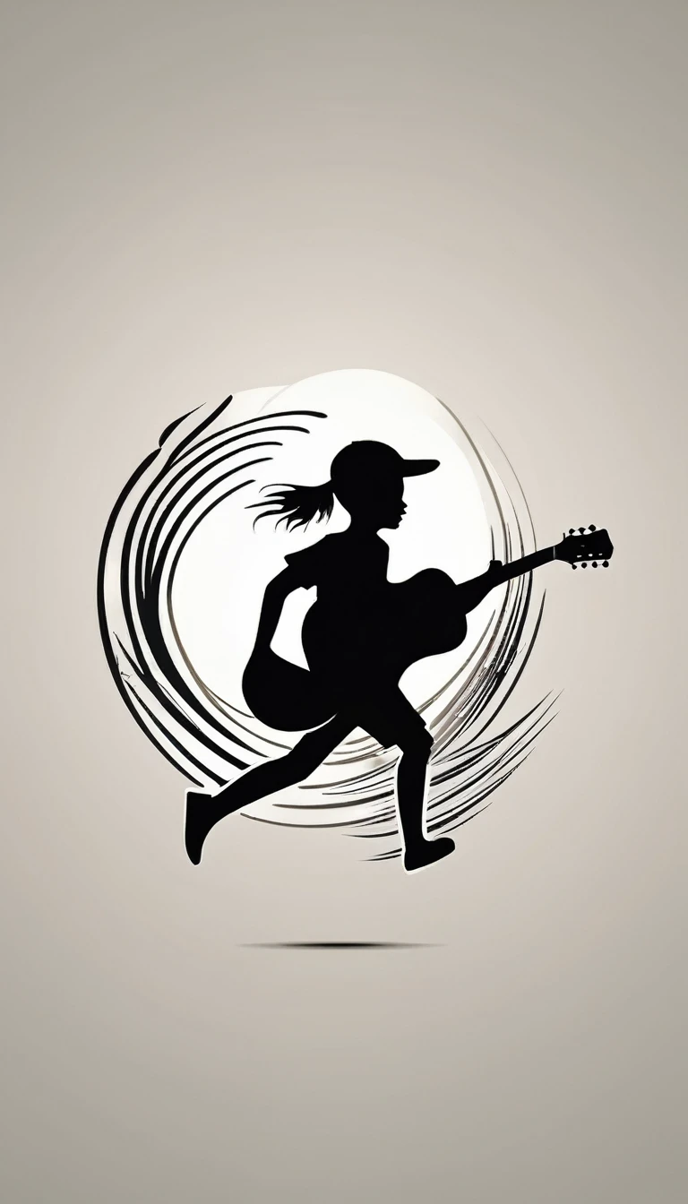 Create a modern, minimalistic logo design for a brand about music and movies. The logo must be in minimalistic style and convey a sense of storytelling. The logo is the silhouette of a boy and a bird. The boy is running with open arms, holding an acoustic guitar in the right hand and a bird feather in the left hand.