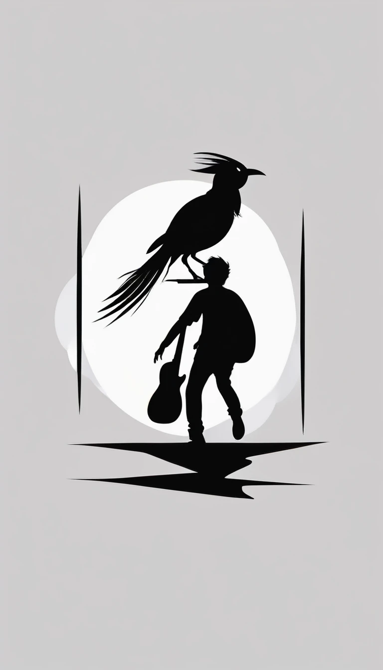 Create a modern, minimalistic logo design for a brand about music and movies. The logo must be in minimalistic style and convey a sense of storytelling. The logo is the silhouette of a boy and a bird. The boy is running with open arms, holding an acoustic guitar in the right hand and a bird feather in the left hand.