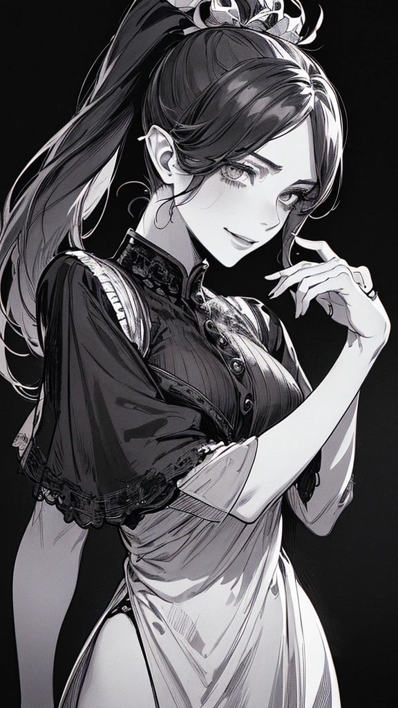 Highest quality, (Background details), High Contrast, Very beautiful woman, Detailed original illustrations, functional, Archer、Elf, Ponytail Delicate face, charm, Bad boy, sexy, Real breasts, Small breasts、Crazy Smile, Crazy Eyes, Black background, (Black background: 1. 5), Beautiful line art, Monochrome