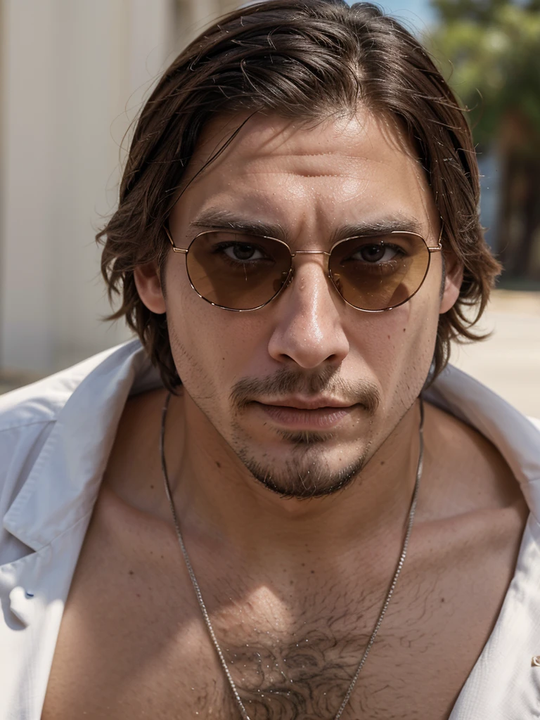 thin white man, caucasiano, western american, thirty years old, with brown hair below the ears, with a goatee, eyes browns, with sunglasses, similar to actors johnny deep and tobey maguire, dress with suit.