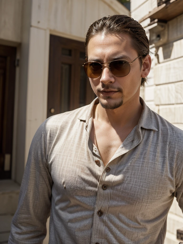 thin white man, caucasiano, western american, thirty years old, with brown hair below the ears, with a goatee, eyes browns, with sunglasses, similar to actors johnny deep and tobey maguire, dress with suit.