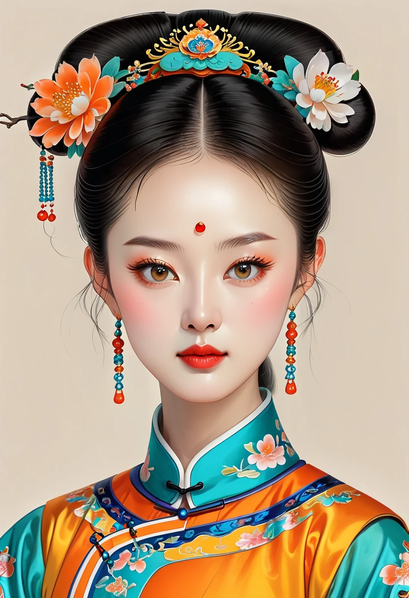 Fine brushwork，Colored pencils，fine digital art，Clean lines，Beautiful Chinese Qing Dynasty Princess，Bright Eyes，Exquisite facial features，symmetry，Delicate hair，Qing Dynasty Clothing，Clean background，Bright colors，orange color