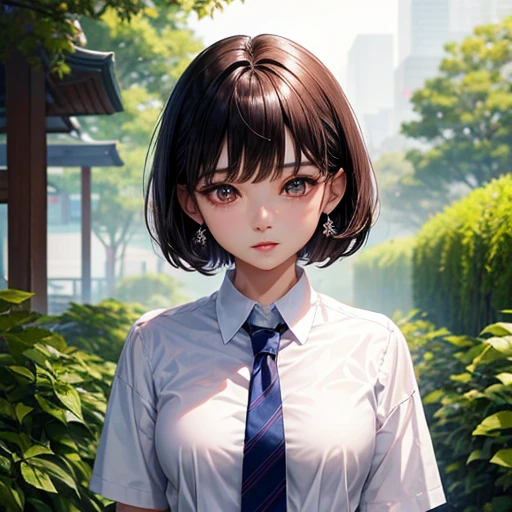 There is a woman wearing a tie and a white shirt., Short hair, Beautiful Korean Women, Korean Girls, San Yun-ju, Cute Korean Actresses, Gorgeous Young Korean Woman, Lee Ji-eun, Lee Ji-eun, Chen Xintong, Neat hairstyle with bangs, Short brown hair with bangs, Beautiful young Korean woman, Choi Hong-hwa